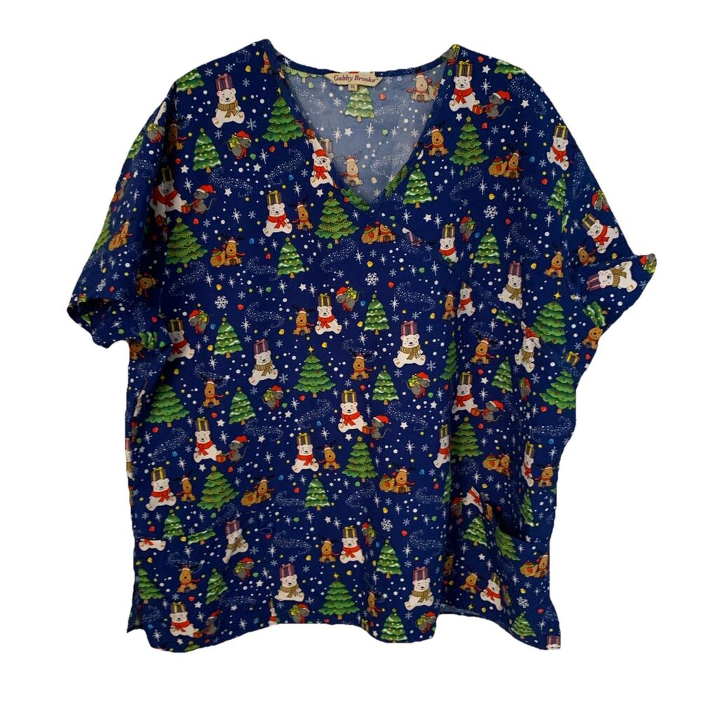 Gabby Brooke Scrub Top Women’s 3XL  Christmas Holiday Polar Bear Medical Work